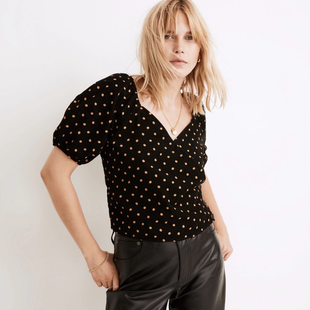 Madewell Corduroy Puff-Sleeve Wrap Top in Oval Dot Size L